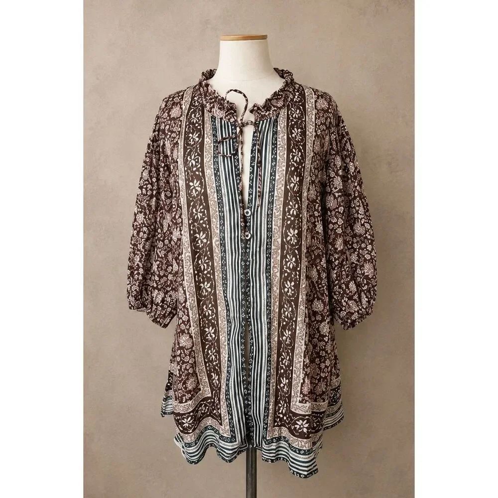 Free People Bohemian Border Batik Peasant Top Brown Multi | Medium